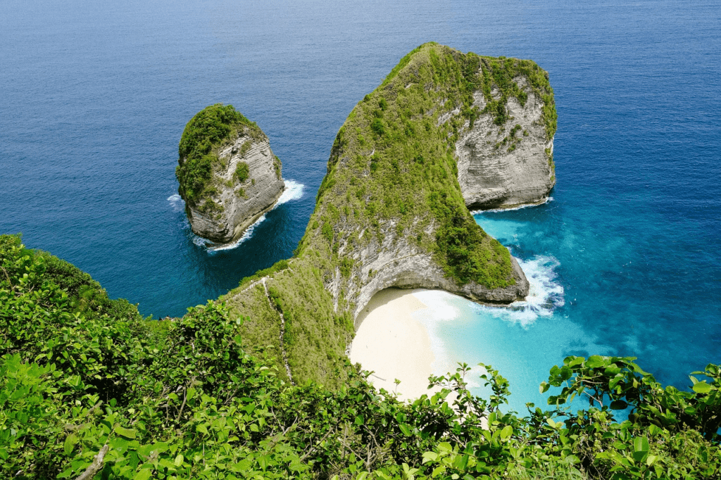 A traveler standing at Kelingking Beach viewpoint in Nusa Penida.