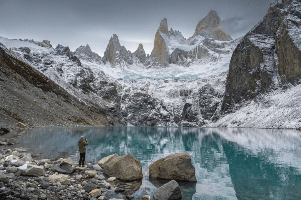 Hikers in Patagonia with Mount Fitz Roy in the background